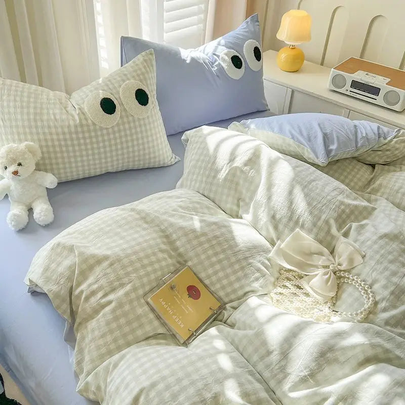 Rynx | INS Striped Bedding Set Simple Soft Duvet Cover Sheet Pillowcase Solid Color Bedding for Adults Girls Twin-Queen Size
