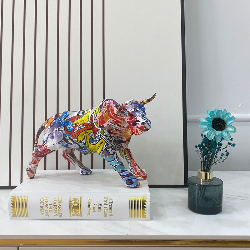 Lisslune | Graffiti-Painting Resin Bull Figures Home Living Room Bedroom Office Desktop Feng Shui Ornaments Collection Statues