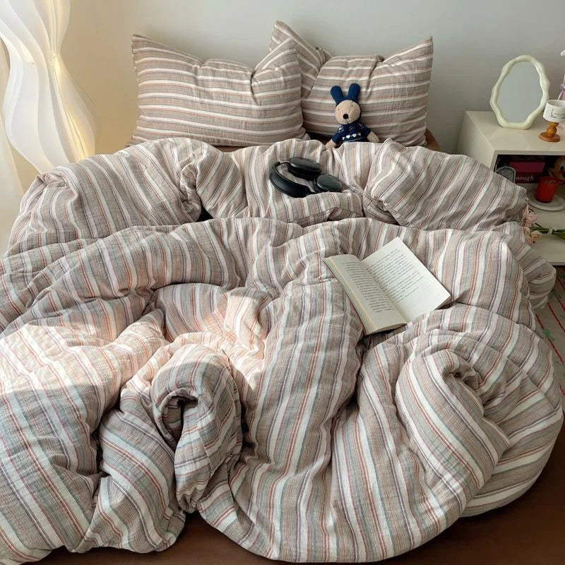 Rynx | Striped Bedding Set INS Nordic Girl Soft Washed Cotton Bed Sheet Queen King Size Duvet Cover Set Comforter Set Pillowcase Bedding