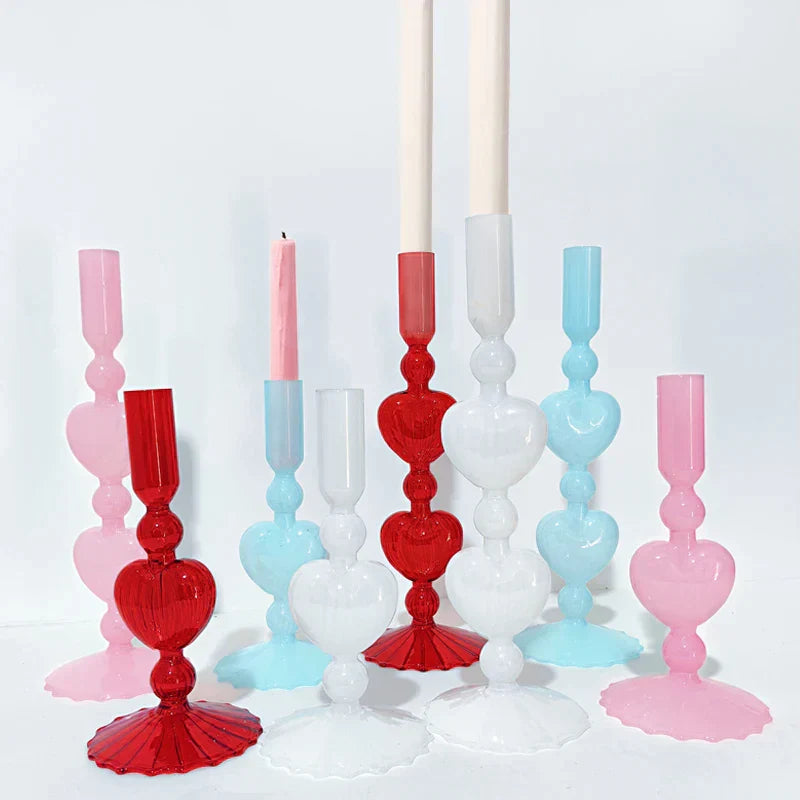 Lisslune | Retro Taper Candle Holder Red Heart Shape Glass Candle Holder Wedding Table Decoration Home Party Glass Vase Decor