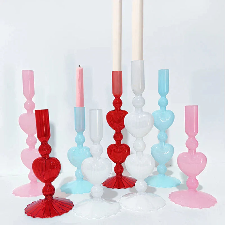 Lisslune | Retro Taper Candle Holder Red Heart Shape Glass Candle Holder Wedding Table Decoration Home Party Glass Vase Decor