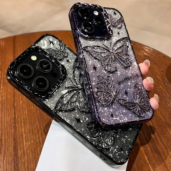 Lisslune | 3D Bling Glitzer Schmetterling Quicksand Farbverlauf Handyhülle Für iPhone 16 15 14 13 12 11 Pro Max 16 Plus Beschichtung Stoßfest Hülle