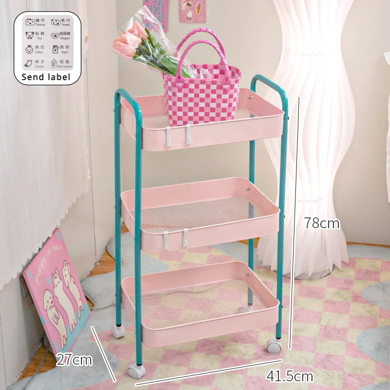 Rynx | 3-layer contrast color trolley storage shelf Multi-layer movable trolley Cosmetics Snack storage shelf Bathroom Mobile shelf Home