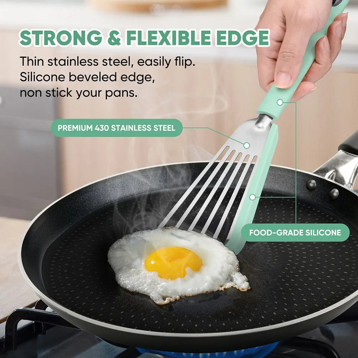 Lisslune | Silicone-Edged Fish Spatula - Stainless Steel, Heat-Resistant, Slotted Turner for Cooking