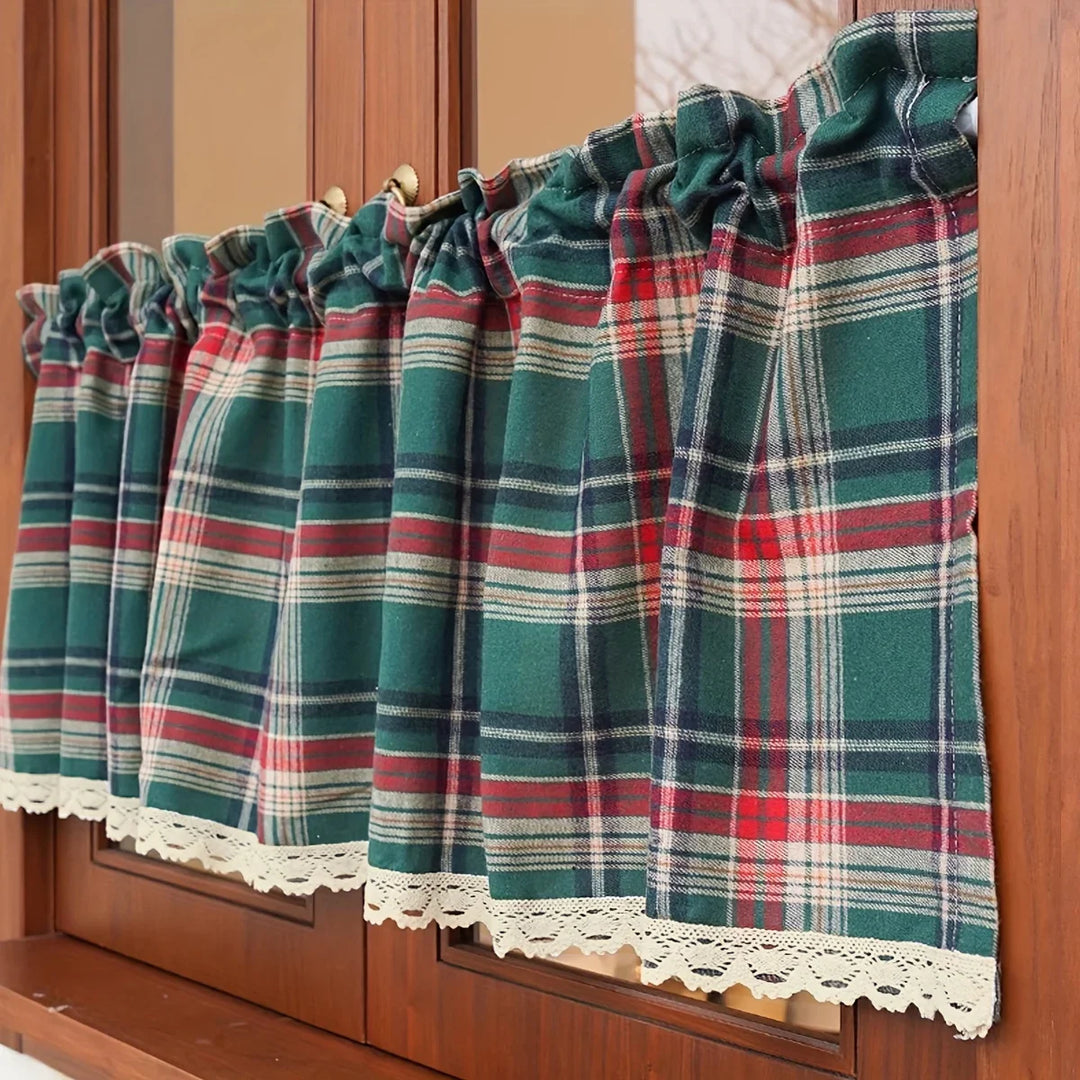 Rynx | 1 Piece Christmas Decoration Short Curtain Small Curtain Red and Green Checked with Lace Trim Rod Pocket Installation for Small Windows Kitchen Bathroom Living Room Coffee Curtain