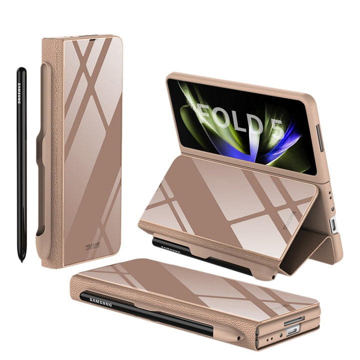 Lisslune | Shockproof Armor Case Glass Cover Stand Insert Card Leather Case for Samsung Galaxy Z Fold 5/4