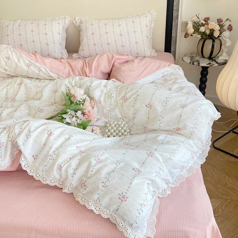 Lisslune | Ins Floral Bettwäsche Set Spitze Romantisch Für Frauen Mädchen Flach Spannbetttuch Mit Orange Kissenbezügen Weiches Gewaschenes Baumwolle Vollgröße