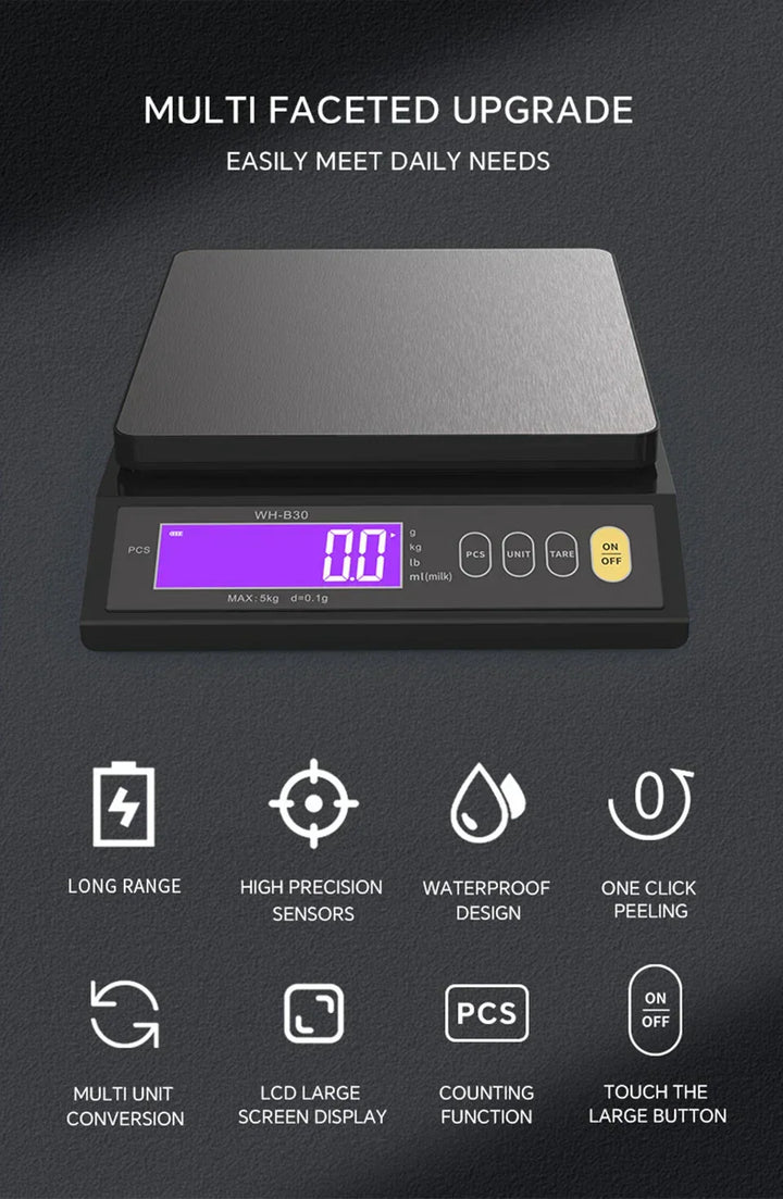 Lisslune | 5 kg/0.1 g and 10 kg/1 g digital electronic kitchen scale, LCD display, fully waterproof stainless steel weighing tool for baking