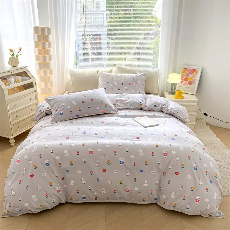Lisslune | Ins Washed Double-Layer Garn Shell Stickerei Vier-Teiliges Bett Spannbettlaken
