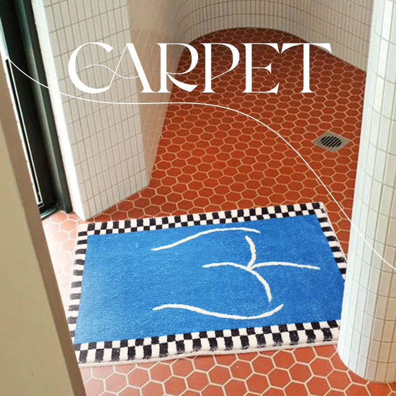 Rynx | Minimalist Abstract Checkered Blue Rugs Comfortable Soft Bedroom Decoration Rug Bathroom Non-Slip Doormat Super Absorbent Cushion