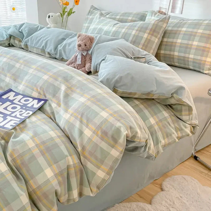 Rynx INS Checkered Bedding Set Pink Green Bedding Nordic Duvet Cover Pillowcase Queen Size Fitted Sheet Adult Children Bedding