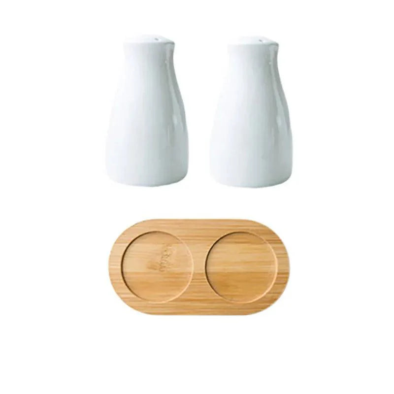 Lisslune | Ceramic Salt and Pepper Shaker Set with Bamboo Tray in Country Style