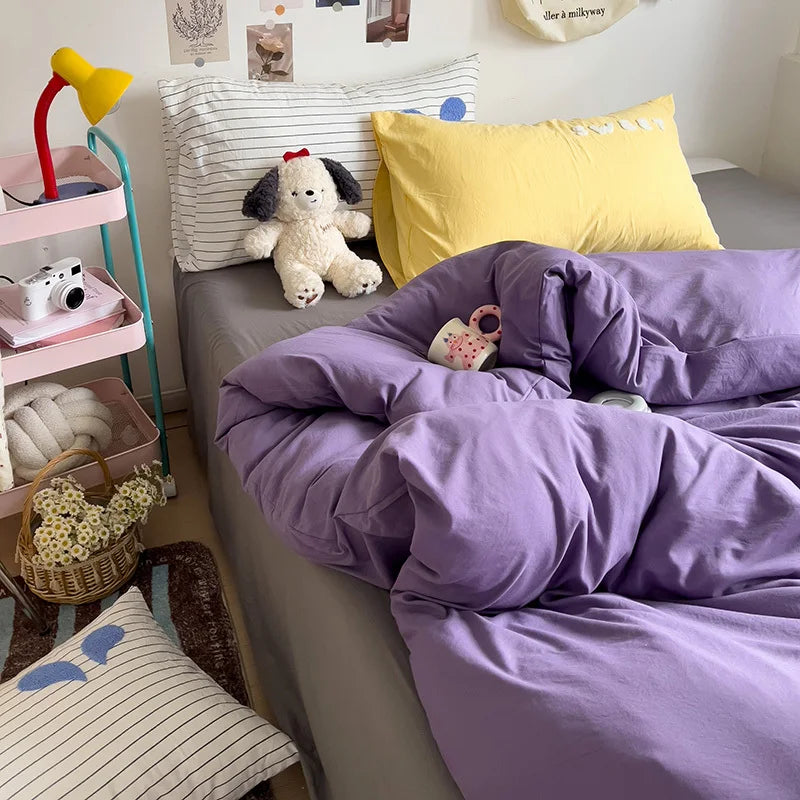 Rynx | INS Purple Bedding Set Girls Soft Washed Cotton Embroidered Sheet Set Queen King Size Duvet Cover Set with Pillowcases