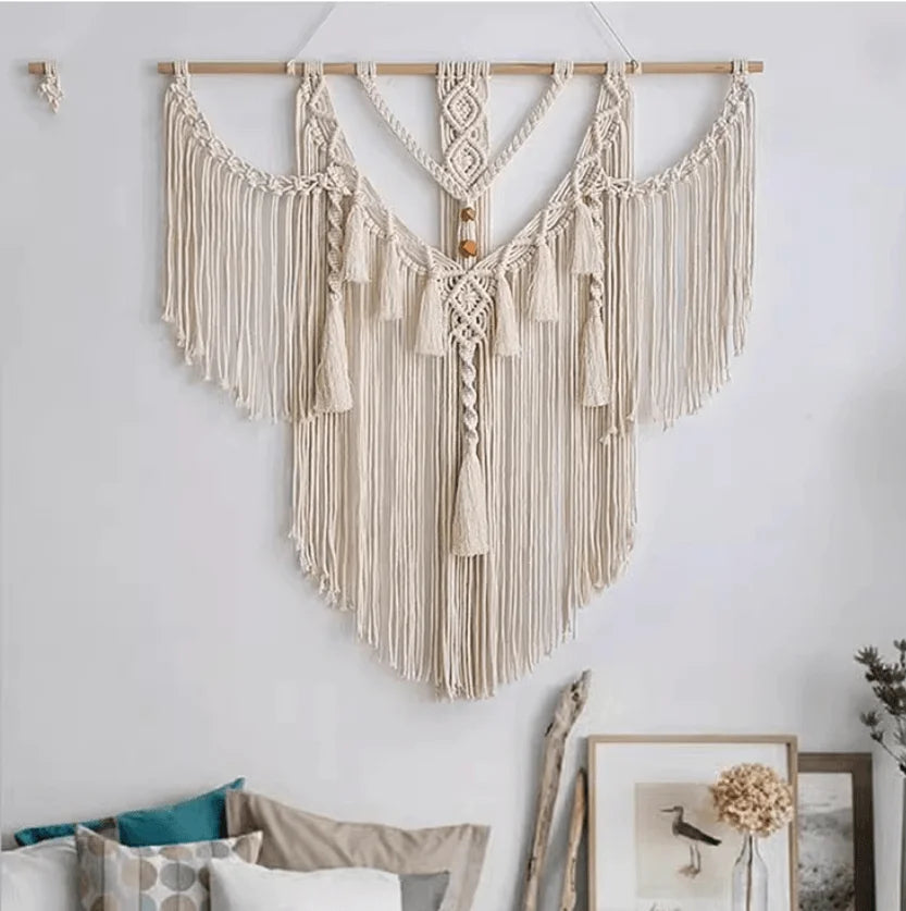 Rynx | Handmade Macrema Wallpaper Wall Tapestry Bohemia Tassel Curtain Wallpaper with Wooden Rod Art Decoration