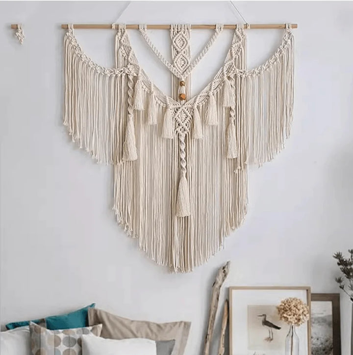Rynx | Handmade Macrema Wallpaper Wall Tapestry Bohemia Tassel Curtain Wallpaper with Wooden Rod Art Decoration