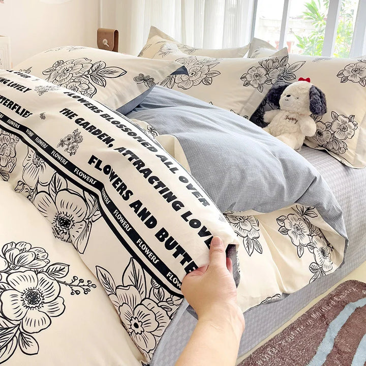 Rynx Hot Flora Style 100% Cotton Bedding Set Printed Four-Piece Set Pure Cotton Sheet Set Duvet Cover Queen King Size