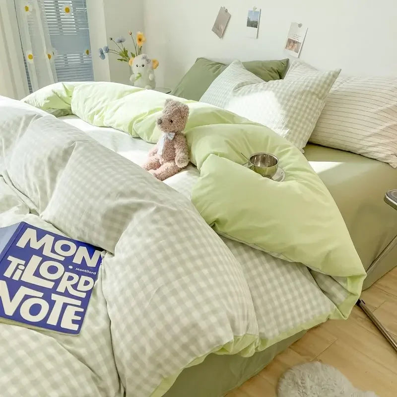 Rynx INS Checkered Bedding Set Pink Green Bedding Nordic Duvet Cover Pillowcase Queen Size Fitted Sheet Adult Children Bedding
