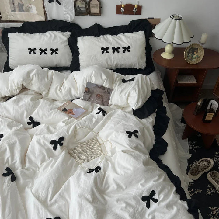 Rynx | Korean princess style Kawaii girls black bow bedding set skin-friendly soft duvet cover set bed sheets or bed skirt pillowcases