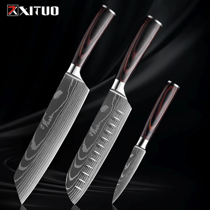 Skorter | XITUO Kitchen Knife Set - 1-9PCS 7Cr17Mov Stainless Steel Chef, Santoku & Fruit Knives with Ergonomic Pakkawood Handle