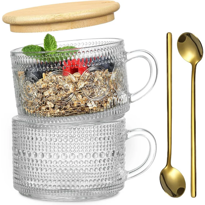 Rynx | Set Vintage Coffee Mugs Overnight Oats Containers with Bamboo Lids and Spoons 14oz Clear Embossed Glass Cups Iced Coffee Glasses