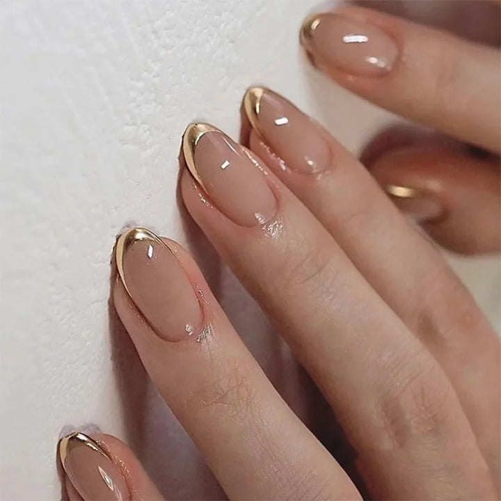 Rynx | Gold Metal French Nude Pink Nail Art Glitter Powder Fashion Artificial Nails Removable Pre-made Artificial Nails Press on Nails with Glue