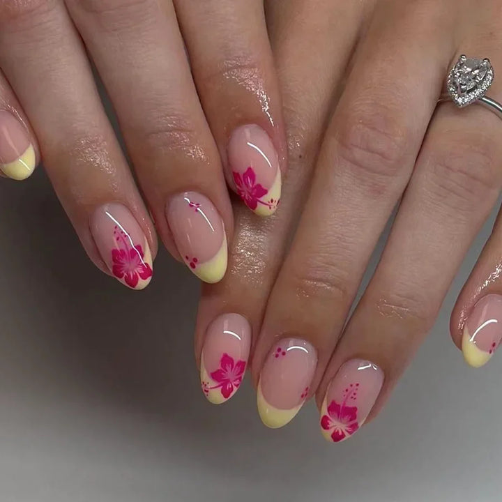 Rynx | 24 Piece Square Press-on Nails Set with Pink Flower Patterns Full Coverage Acrylic Nail Tips Glue for Stylish Women/Girls