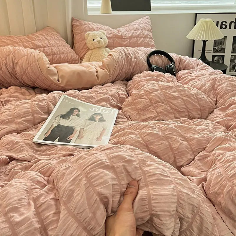 Rynx | Luxurious White Ruffled Seersucker Duvet Cover Soft Solid Color Bedding with Bed Sheet Pillowcases Twin Queen King Size