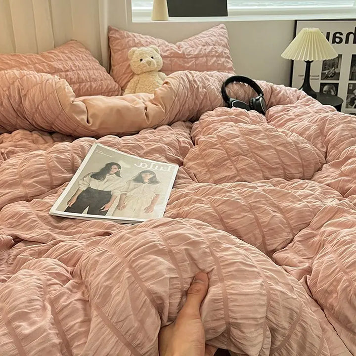 Rynx | Luxurious White Ruffled Seersucker Duvet Cover Soft Solid Color Bedding with Bed Sheet Pillowcases Twin Queen King Size