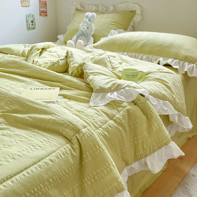Rynx | Korean Princess Style Summer Cool Quilt Comforter Soft Seersucker Lace Ruffle Summer Thin Quilt Blanket Machine Washable