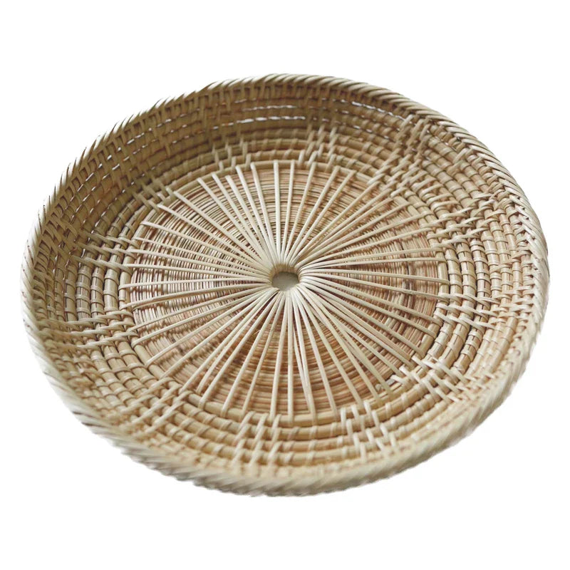 Rynx | Handmade Rattan Tray Round Food Fruits Bread Serving Plate Small Item Storage Picnic Baskets Home Kitchen Table Decor