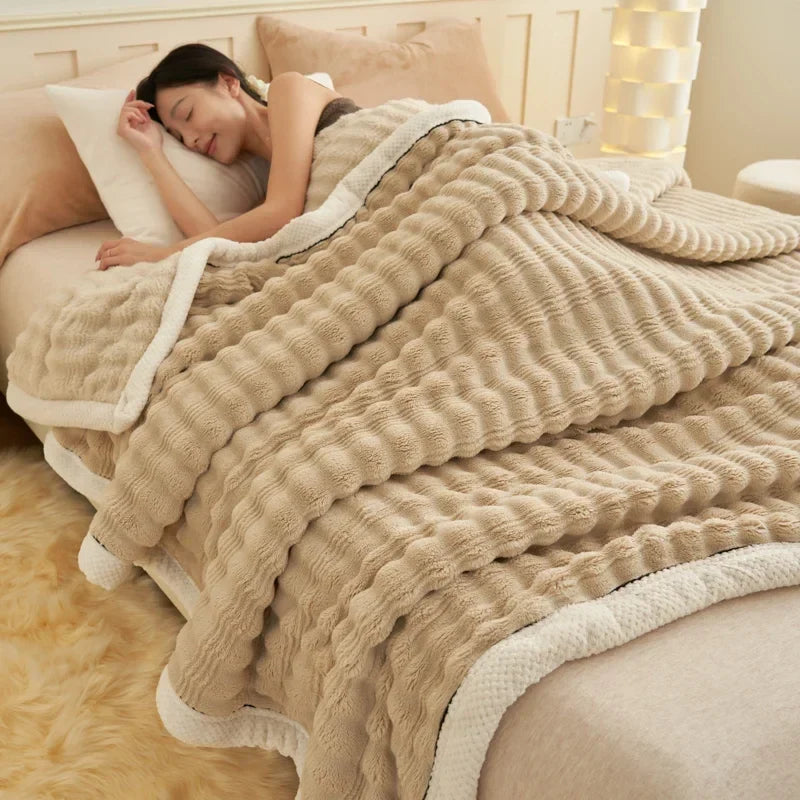 Rynx Artificial Rabbit Plush Autumn Winter Warm Blanket Striped Fluffy Warmth Sofa Blankets Soft Absorbent Breathable Nap Blanket
