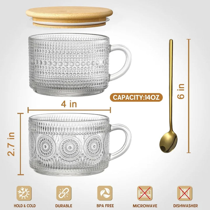 Rynx | Set Vintage Coffee Mugs Overnight Oats Containers with Bamboo Lids and Spoons 14oz Clear Embossed Glass Cups Iced Coffee Glasses