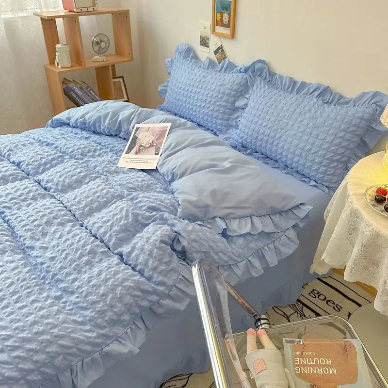 Rynx | Euro Solid Ruffled Carpet Bedding Sets Girls Pair Fluffy Queen Duvet Cover With Canopy Pillowcase Bedroom Comfort 4 Pieces Set