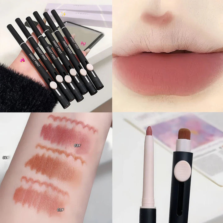 Rynx | Waterproof Lipstick with Brush Dual-Head Matte Lipstick Outline 3D Lip Shape Long-Lasting Non-Stick Cup Nude Lip Makeup