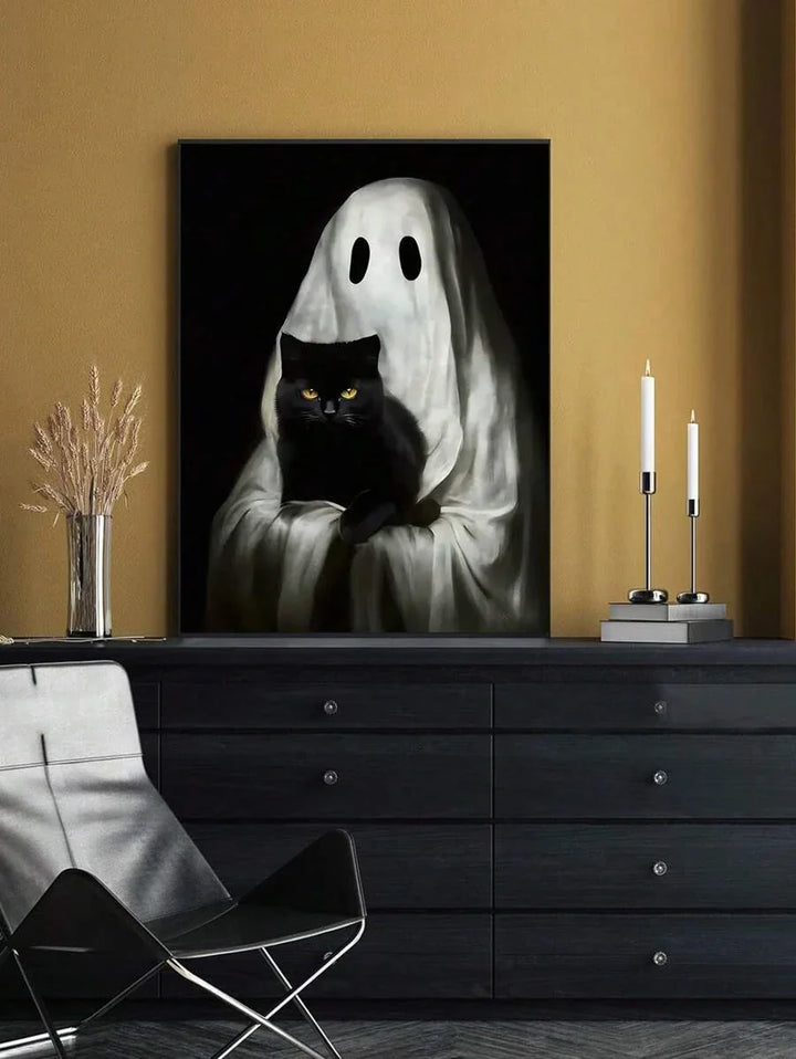 Rynx | Retro Sweet Ghost Companion & Reads Book Canvas Prints Monster Holds Black Cat Wall Art Poster for Living Room Halloween Decor
