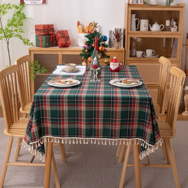 Rynx Christmas Grid Tablecloth with Fringes Rectangular Polyester Cotton Dustproof Table Surface Cover, for Home Celebration Birthday Decor