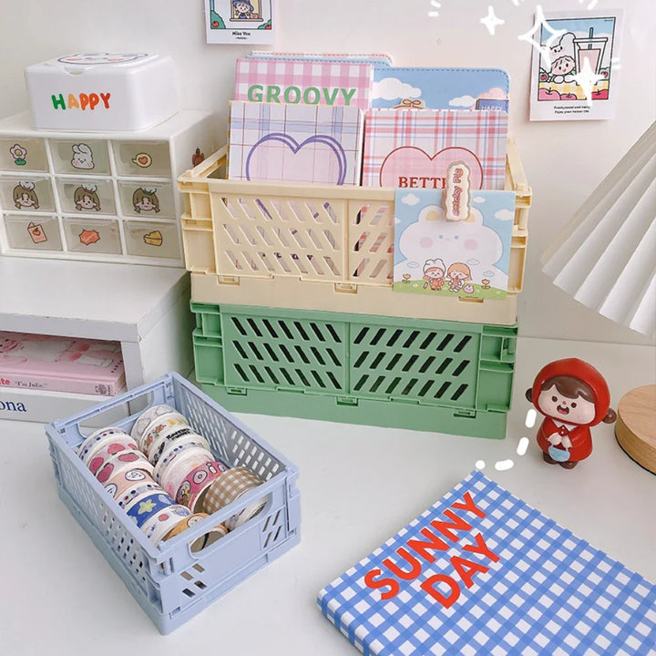 Rynx | In-Desk Storage Baskets Foldable Makeup Stationery Storage Organizer Rack Cute Desk Foldable Mini Plastic Collapsible Basket