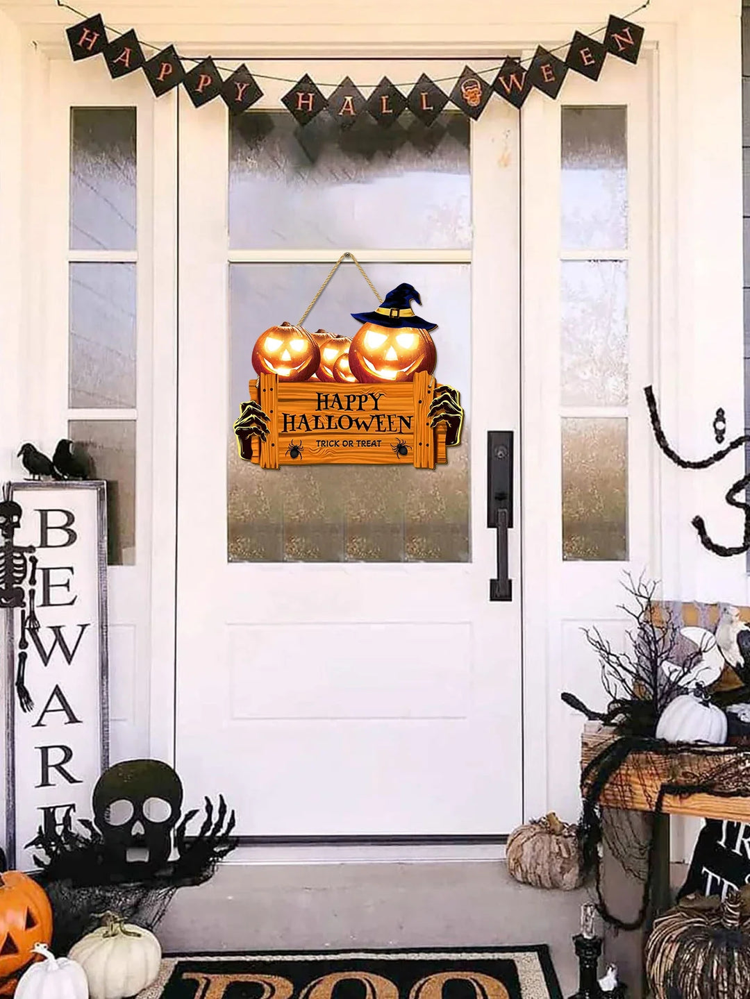 Rynx | Happy Halloween Wooden Sign, Pumpkin with Hat Wooden Sign, Suitable for Home, Wall, Room, Café, Store, Party, Holiday Decoration