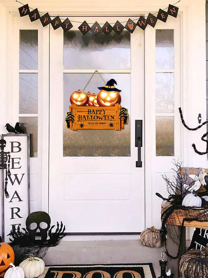Rynx | Happy Halloween Wooden Sign, Pumpkin with Hat Wooden Sign, Suitable for Home, Wall, Room, Café, Store, Party, Holiday Decoration