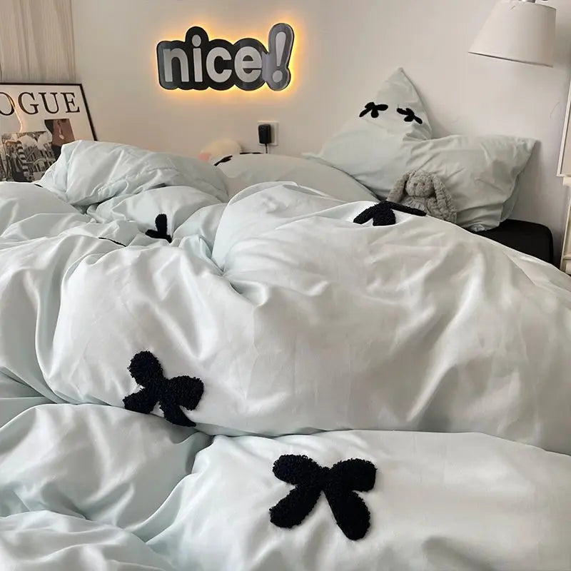 Rynx | Bedding Set in Minimalist Style Blue Wash Cotton Black Bow Towel Embroidered Four PIECE Set, 1.5 Bed Sheet