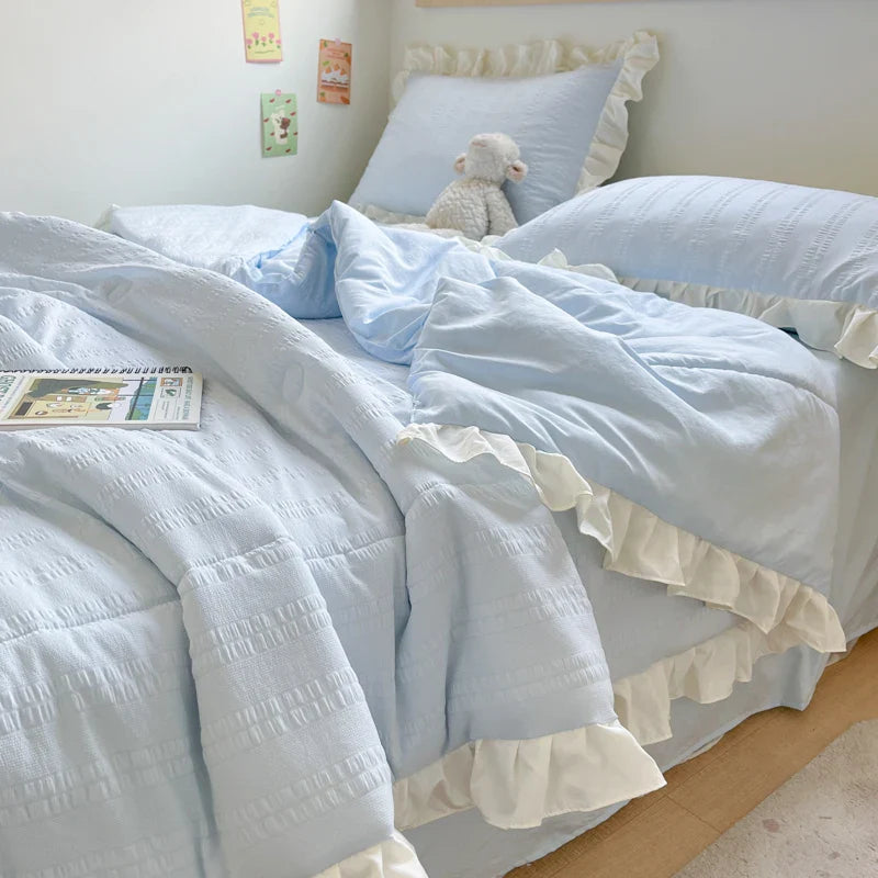 Rynx | Korean Princess Style Summer Cool Quilt Comforter Soft Seersucker Lace Ruffle Summer Thin Quilt Blanket Machine Washable