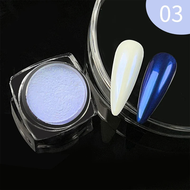 Rynx | Aurora Pearl White Nails Glitter Dust Chrome Gradient Rubbing on Powder Mirror Reflective Magnetic Pigment Nail Art Decorations
