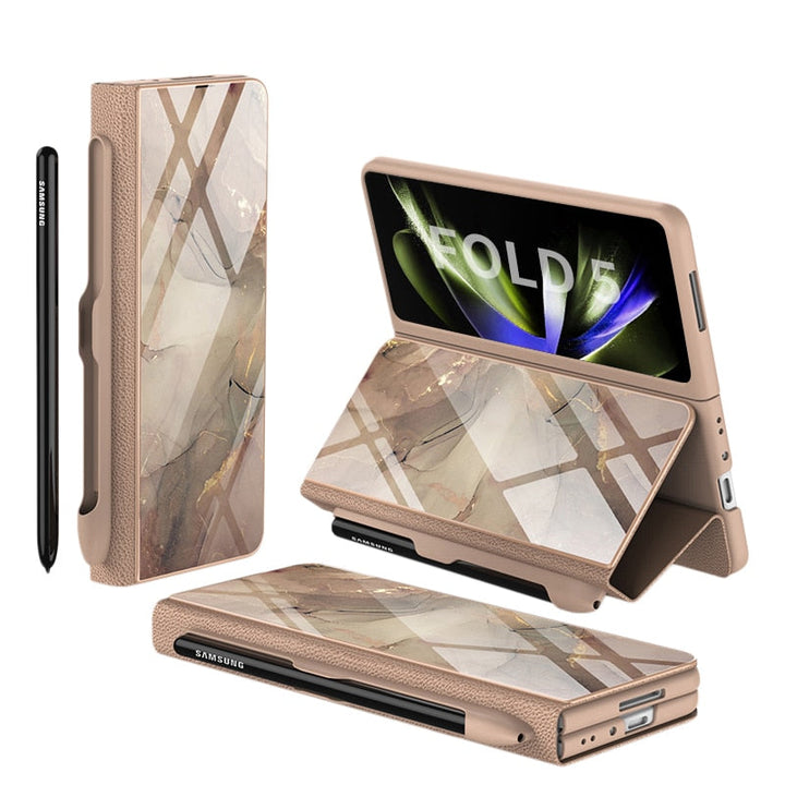 Lisslune | Shockproof Armor Case Glass Cover Stand Insert Card Leather Case for Samsung Galaxy Z Fold 5/4