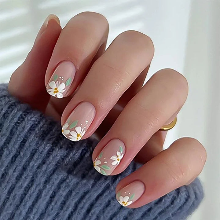 Rynx | Striped plaid pattern Pink flower nail art Simple fashion Spring artificial nails Removable ready-made fingernails press-on nails with glue