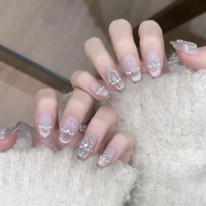 Rynx | Nude Pink Cat Eye Red French Nail Art Portable Fashion False Nails Removable Ready False Nails Press on Nails with Glue
