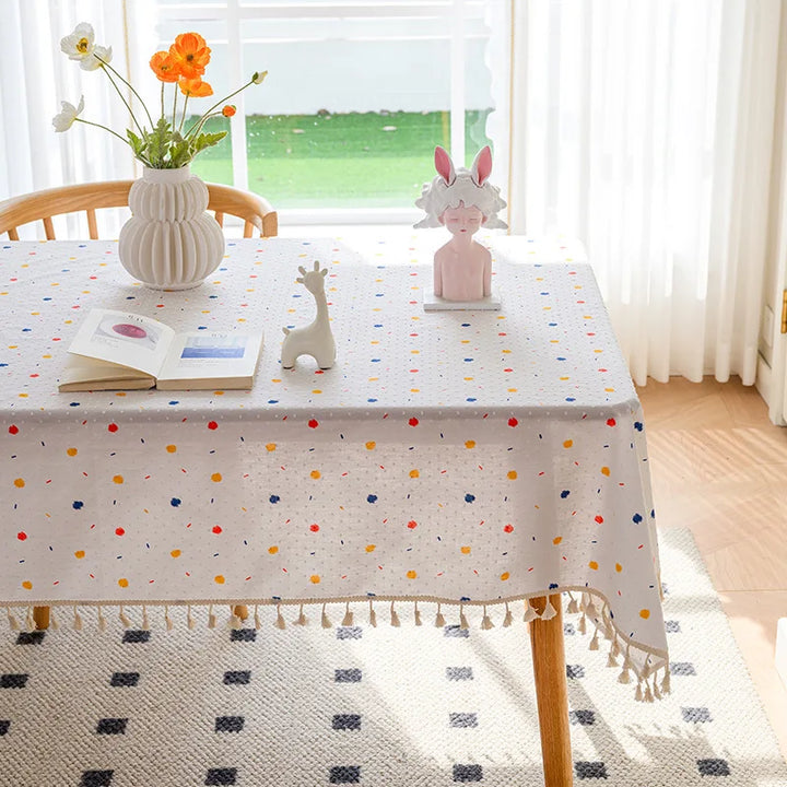 Rynx Korean Style Cotton Tassel Floral Tablecloth, Tea Table Decoration, Rectangular Tablecloth for Kitchen Wedding Dining Room