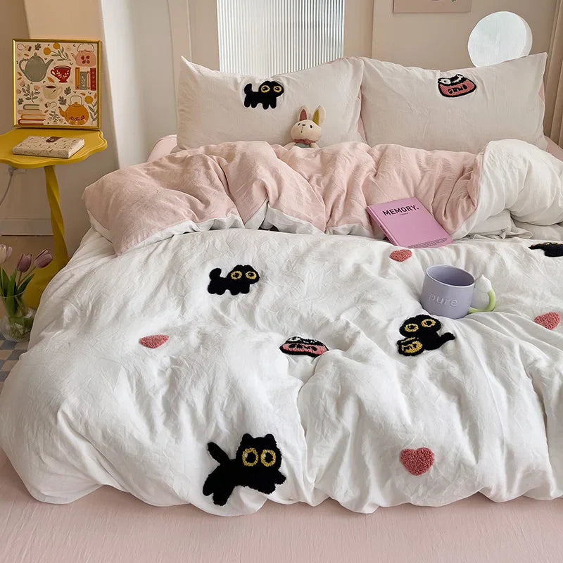 Rynx | Bedding set Super soft washed cotton towel embroidery duvet cover four-piece set - Lucky cat series