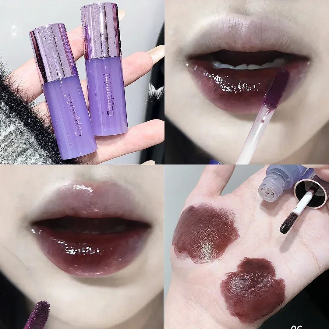 Rynx | Mirror Water Lip Glaze Tint Dark Mulberry Lip Gloss Purple Red Clear Moisturizing Gel Long-lasting Non-sticky Liquid Lipsticks Oil