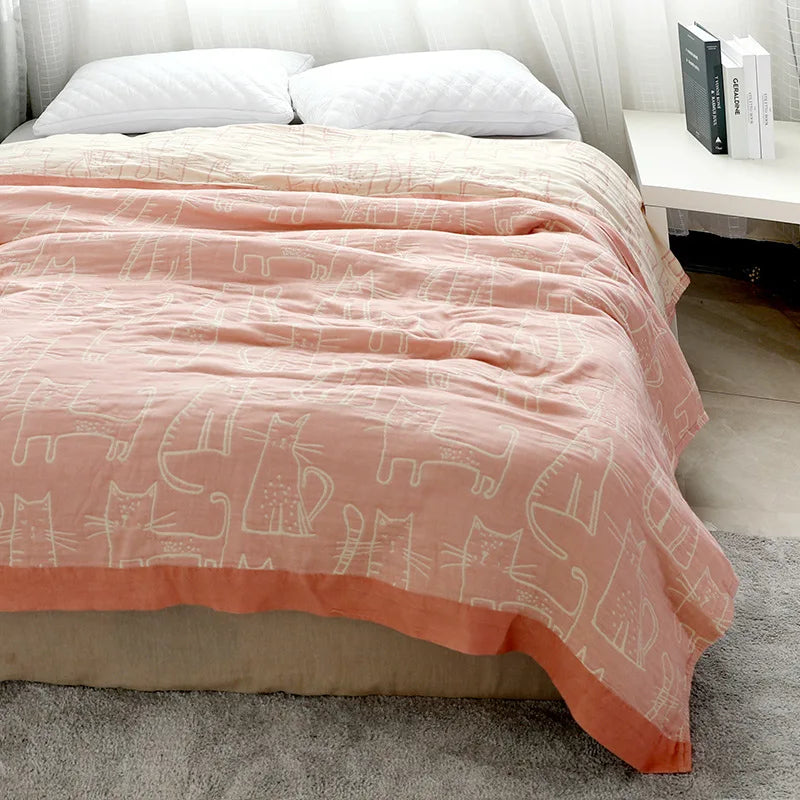 Rynx | Textile City Cartoon Cat Throw Four Layers Bamboo Cotton Gauze Blanket Single Double Four Seasons Towel for Bedroom 200x230cm