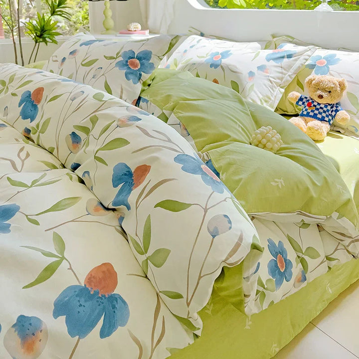 Rynx Hot Flora Style 100% Cotton Bedding Set Printed Four-Piece Set Pure Cotton Sheet Set Duvet Cover Queen King Size